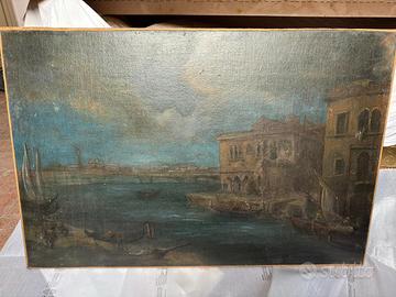 Antico dipinto veduta veneziana con gondole