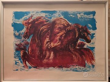 Serigrafia numerata-Cavalli rossi su fondo blu