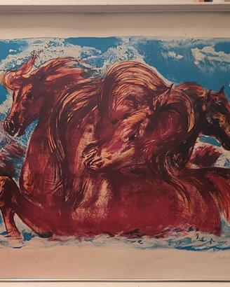 Serigrafia numerata-Cavalli rossi su fondo blu