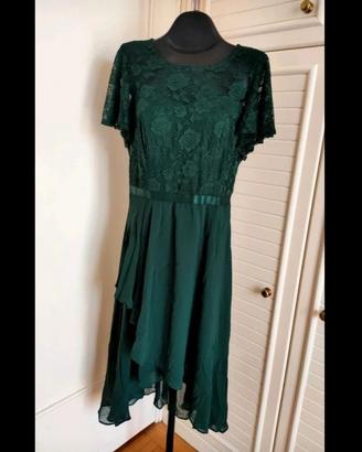 Abito verde scuro pizzo e chiffon