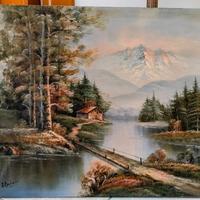 Quadro dipinto a olio Paesaggio con Fiume, a mano.