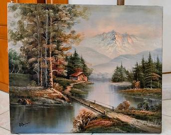 Quadro dipinto a olio Paesaggio con Fiume, a mano.