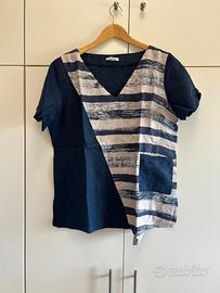 Camicia casacca da donna in puro lino, bianco/blu