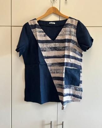 Camicia casacca da donna in puro lino, bianco/blu