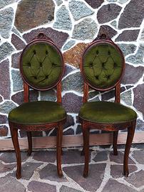 Coppia di sedie classiche velluto verde e legno 