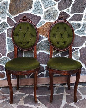 Coppia di sedie classiche velluto verde e legno 
