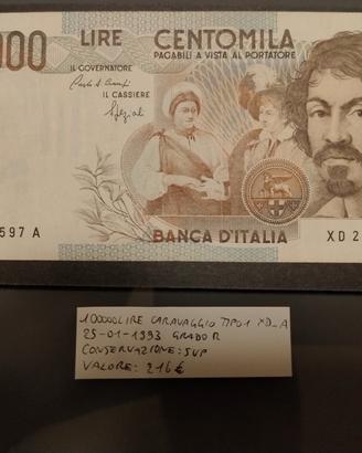 100000 lire Caravaggio tipo 1 25/01/93 XD Sup