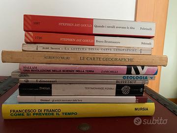 Libri di geologia, cartografia, fossili, meteo
