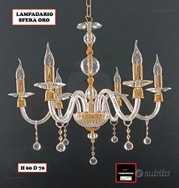 LAMPADARIO CRISTALLO 5 LUCI SFERA RIPORTI ORO