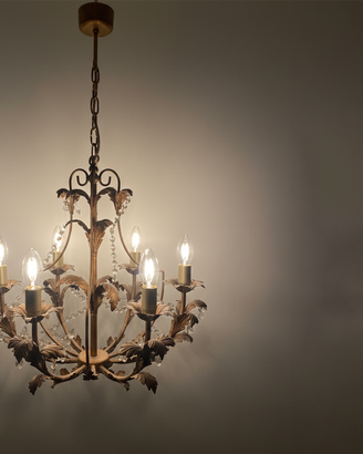 Lampadario ottone dorato a 6 luci con cristalli