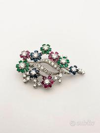 Spilla oro 18KT zaffiri rubini smeraldi diamanti