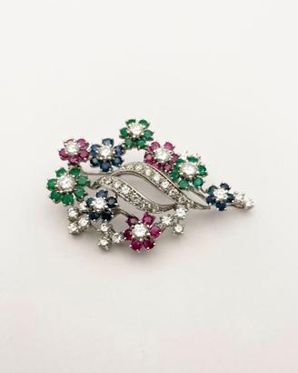 Spilla oro 18KT zaffiri rubini smeraldi diamanti