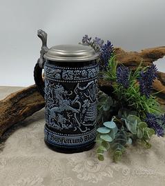 Caraffa tedesca in Ceramica Blu Cobalto e Peltro