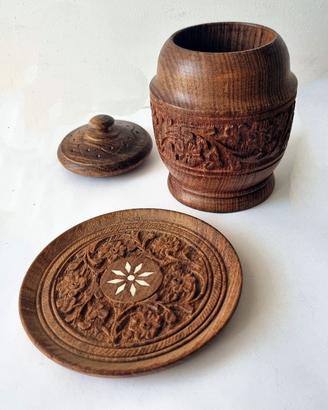 Set Vintage Indiano in legno intagliato a mano 