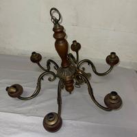 Lampadario vintage 6 luci in ottone e legno - ‘60