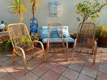 Tre poltrone vintage in rattan