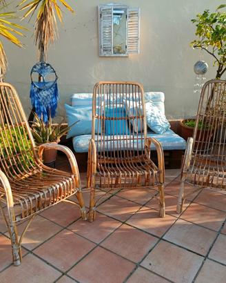 Tre poltrone vintage in rattan