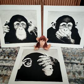 Le tre scimmiette, 3 acquarelli B&N fatti a mano