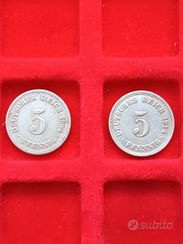 Monete (2) Reich Tedesco Impero Tedesco 5 Pfennig