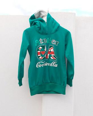 Felpa +cappuccio, cotone  verde smeraldo 7/10 anni