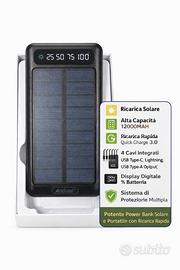 Power Bank Solare 12000mAh Con Torcia Led E Cavi