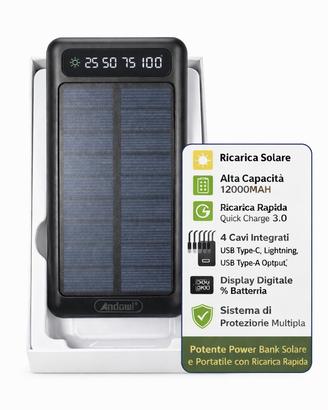 Power Bank Solare 12000mAh Con Torcia Led E Cavi