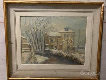 Dipinto ad olio 1954 paesaggio innevato