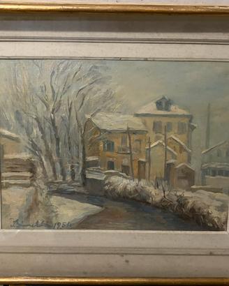 Dipinto ad olio 1954 paesaggio innevato