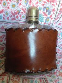 Borraccia portatile grappa anni 60 in cuoio/vetro
