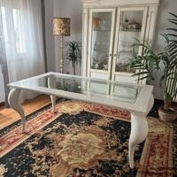 Tavolo in legno e vetro con gambe a cipolla