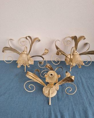 3 appliques ferro battuto e vetro Murano panna