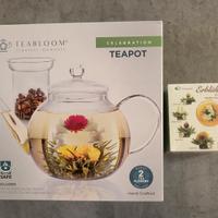 teiera in vetro con infusore + fiori di the 