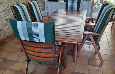 Tavolo in teak con 6 poltrone + 2 sedie + cuscini 