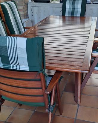 Tavolo in teak con 6 poltrone + 2 sedie + cuscini 