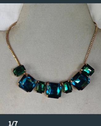 Collana  grandi cristalli sfaccetati verdi e blu 