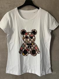t-shirt bianca cotone bio orsetto e strass taglia