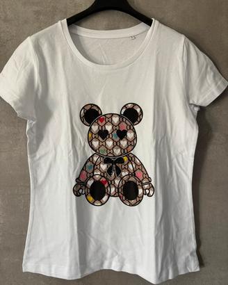 t-shirt bianca cotone bio orsetto e strass taglia