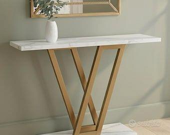 Tavolino Consolle effetto marmo e piede in oro