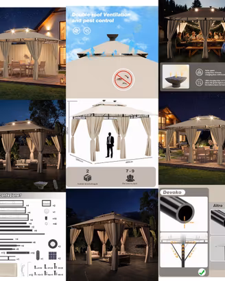 Gazebo da Giardino 3x4m - Tende e Luci LED Solari