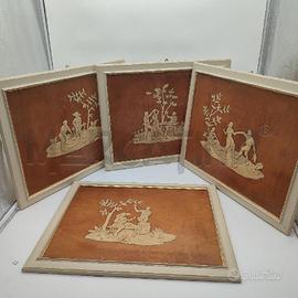 QUADRI 4 PEZZI 4 STAGIONI TAVOLA LEGNO INTAGLIATO