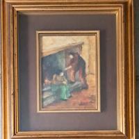 Due figure in un interno vicino a un camino acceso