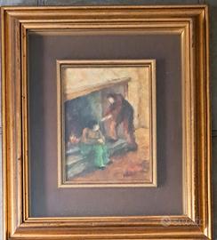 Due figure in un interno vicino a un camino acceso