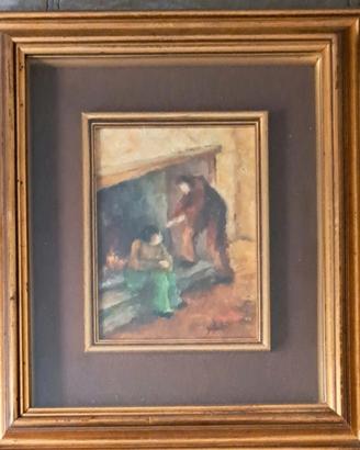 Due figure in un interno vicino a un camino acceso