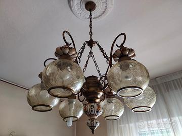 Lampadario vintage 6 luci in vetro e ceramica