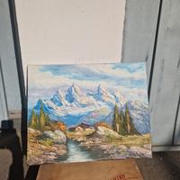 Dipinto olio su tela Monti e fiumicello 