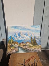 Dipinto olio su tela Monti e fiumicello 