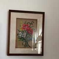 Quadro ricamato a mano mezzo punto- fiori vintage