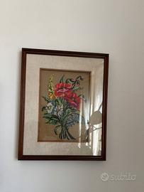 Quadro ricamato a mano mezzo punto- fiori vintage