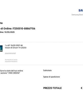 Samsung tv oled S95F 2025 65 pollici