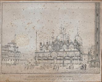 Antica stampa veduta di Venezia Basilica San Marco